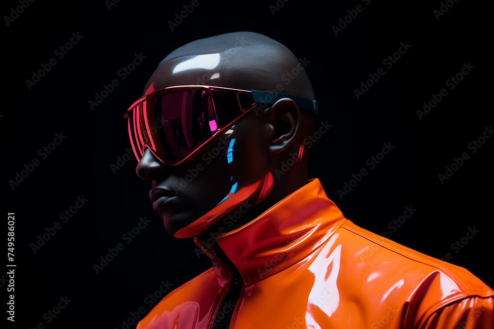 A man in an orange jacket with red sunglasses on a black background. Generative AI