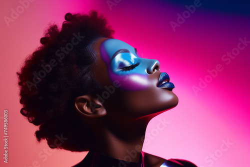 Beautiful black woman in a colorful makeup portrait on a soft pink and purple background. Generative AI