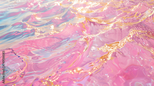 Bright pink abstract liquid with waves and shiny gold and holographic, neon reflection on the surface.