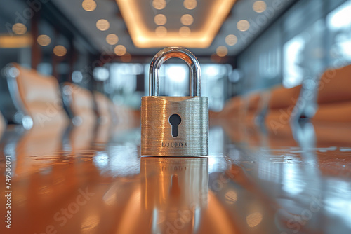Internal meetings and padlocks where confidentiality is paramount. The conference room has strict security to protect information. Confidentiality and information leakage concept.