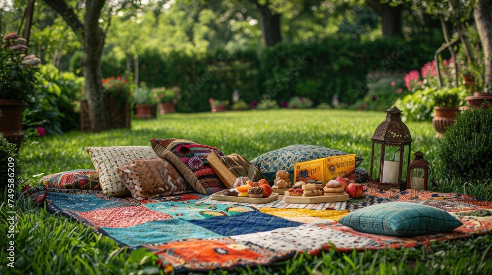 A whimsical outdoor picnic setup in a lush garden, centered around a brightly colored patchwork blanket spread on the grass, adorned with a spread of summer treats, books, and vintage lanterns