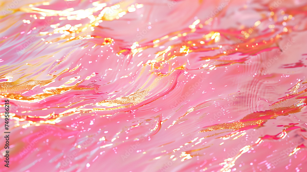 Bright pink abstract liquid with waves and shiny gold in the reflection. Bright pink abstract liquid with waves and shiny gold in the reflection.