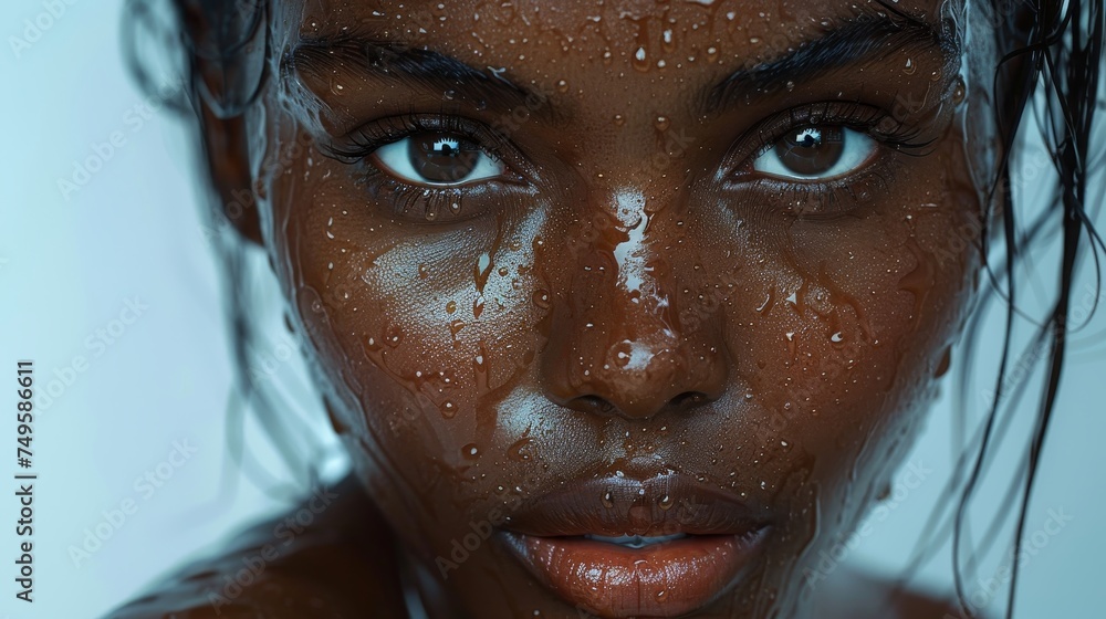 Close-up portrait of a black woman with water splashed on her face, concept of beauty and skincare Close-up portrait of a black woman with water splashed on her face, concept of beauty and skincare