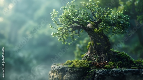 A terrestrial plant, a tree, grows on a rock amidst a forest landscape photo