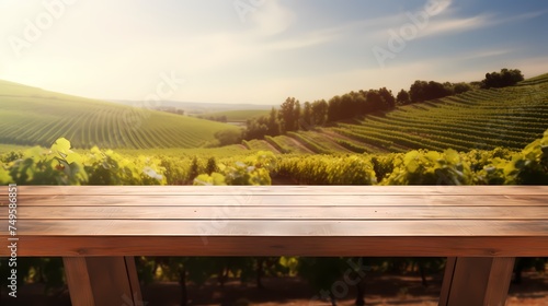Wood table top with a glass of wine on blurred vineyard landscape background, for display or montage your products. Agriculture winery and wine tasting concept © Michel 