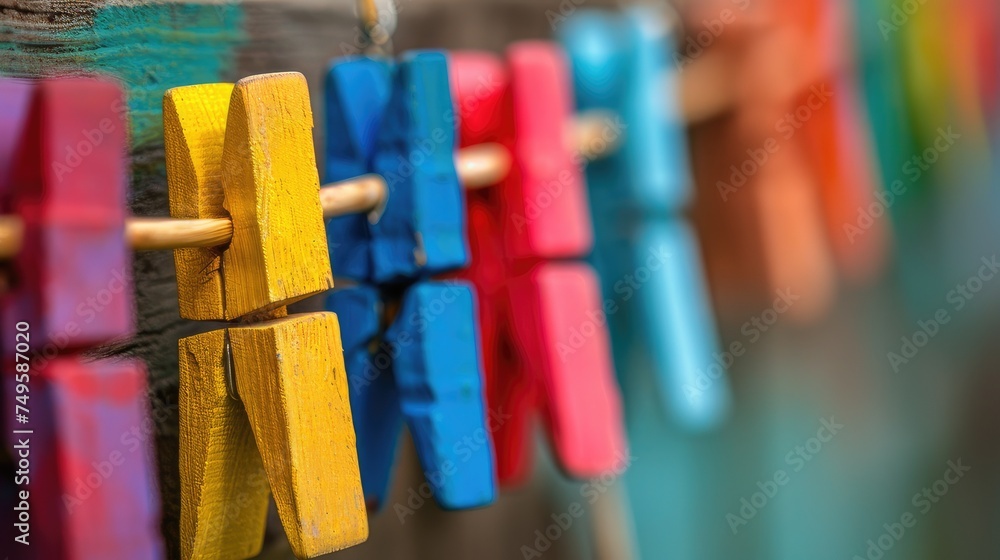 close-up of colorful laundry pins and hung clothes drying.