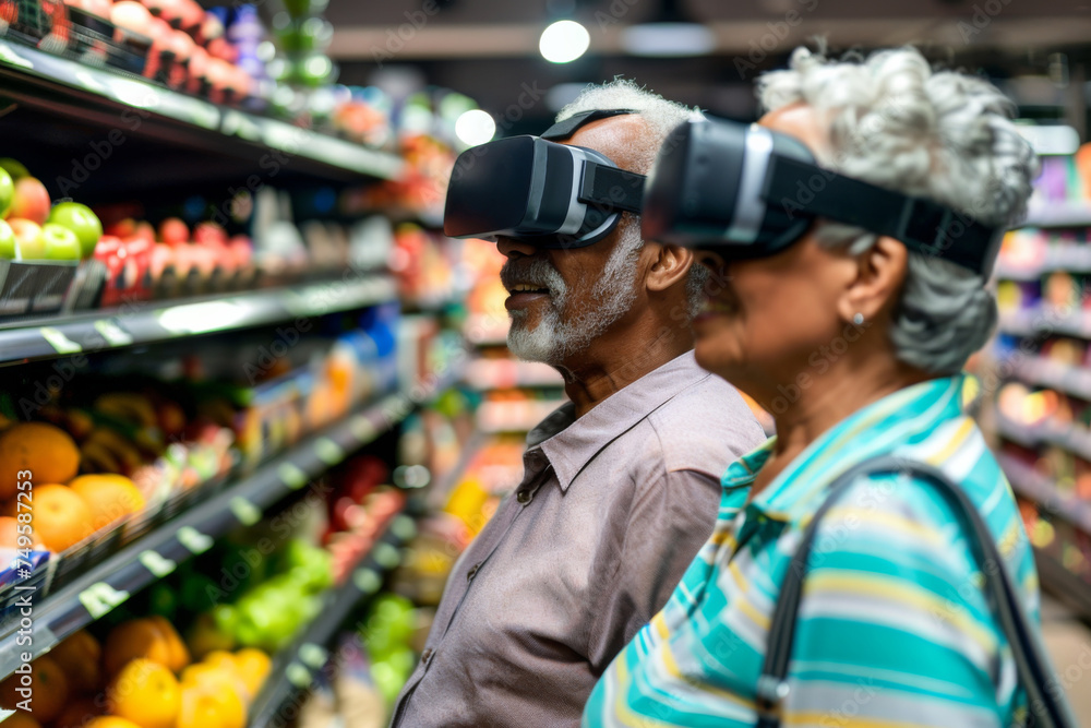A mature man and woman with grey hair are wearing virtual reality headsets among grocery aisles, exploring digital worlds together in a supermarket setting.