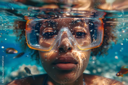 Close-up of a young woman snorkeling, surrounded by effervescent bubbles and tropical fish, her gaze serene behind the mask, in a sunlit, blue underwater world.