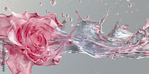Rose in water. Water splash, wave on a plain minimalistic gray background. Universal background, wallpaper. Beauty and cosmetology concept.