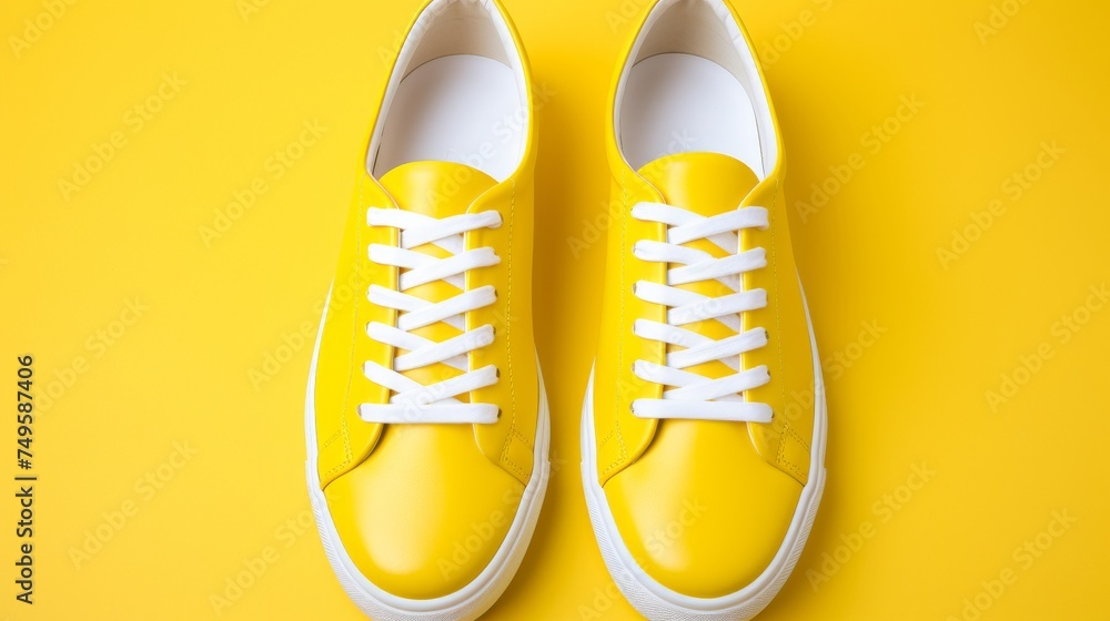 Pair of stylish white sneakers on vibrant yellow background, modern fashion footwear concept - obrazy, fototapety, plakaty 