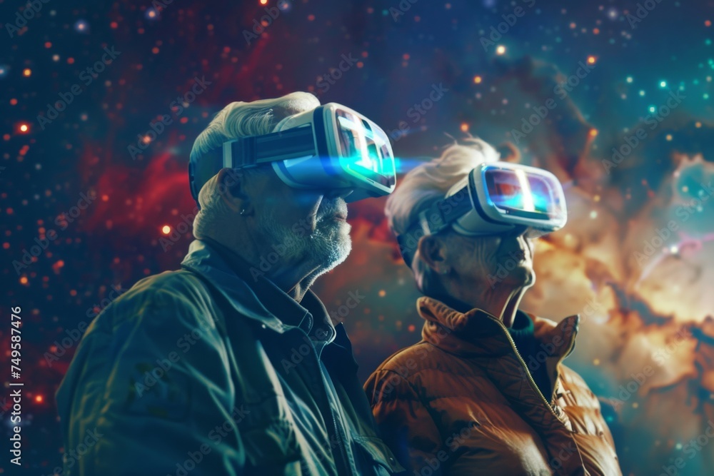 Obraz premium A senior couple, draped in warm light, experiences the wonders of space via virtual reality, bridging technology and dreams.
