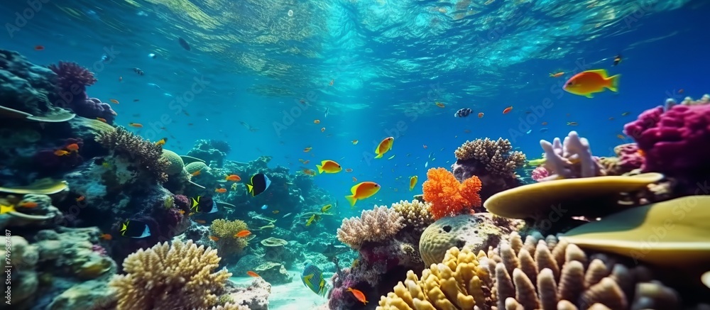 Underwater world. various types of beautiful fish and various types of coral reefs that exist under sea water.sea world - obrazy, fototapety, plakaty 