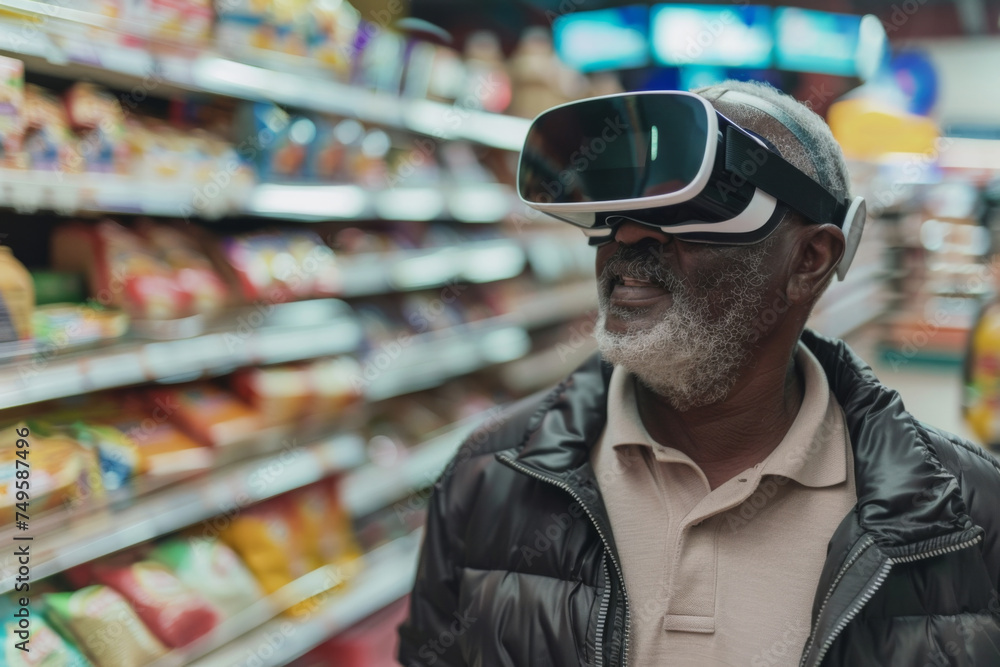 A senior African American man explores a virtual reality environment while navigating a supermarket aisle, merging everyday tasks with VR technology. A senior African American man explores a virtual reality environment while navigating a supermarket aisle, merging everyday tasks with VR technology.