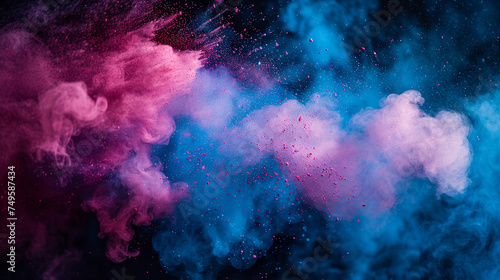 Vibrant pink and blue powder splash   floating in the air against a black background.