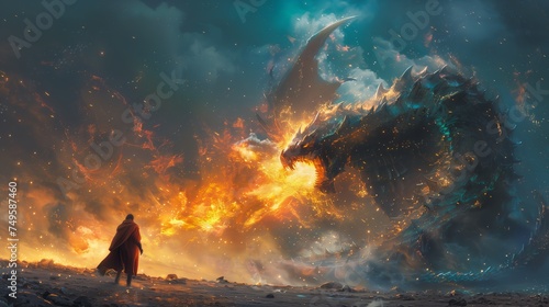 A man on horseback faces a large dragon against the dusky sky