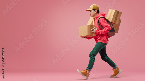 Homem segurando caixas de papelão isolado no fundo rosa photo