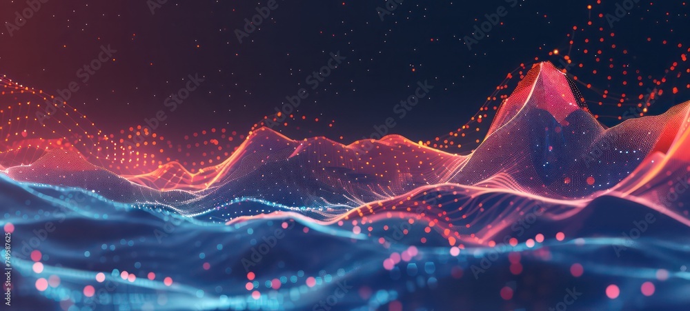 Data technology, abstract global network. Wave of particles. Abstract background, wavy surface consisting of points - big data, 3D illustration - obrazy, fototapety, plakaty 