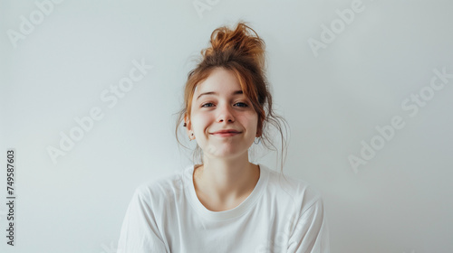Linda mulher sorrindo isolada no fundo cinza claro - Papel de parede