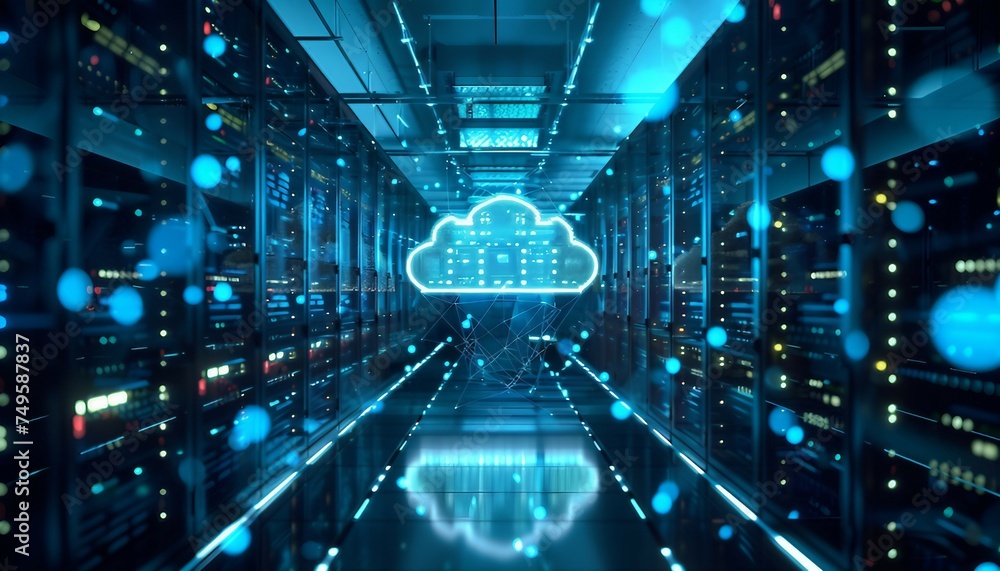 Hybrid Cloud Integration Architecture, a hybrid cloud integration architecture within a data center concept with an image depicting seamless integration between on-premises infrastructure, AI - obrazy, fototapety, plakaty 