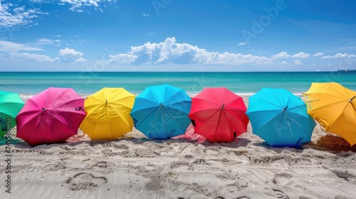 colorful umbrellas on the beach, creating a lively scene on a sunny summer day