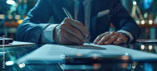 Businessman signs contract investment professional documents with a pen making the signature. Financial and insurance, job application.