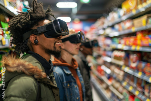 Amidst the shelves of a grocery store, a group of friends smile in unison, their VR headsets offering an escape to virtual worlds far beyond the confines of everyday shopping.