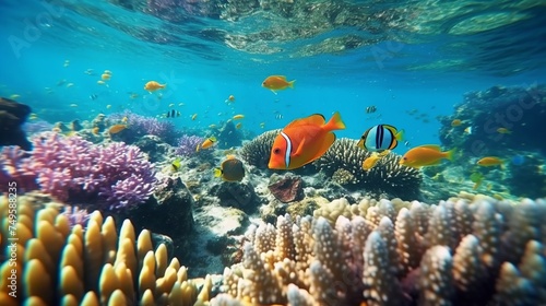 Underwater world. various types of beautiful fish and various types of coral reefs that exist under sea water.sea world