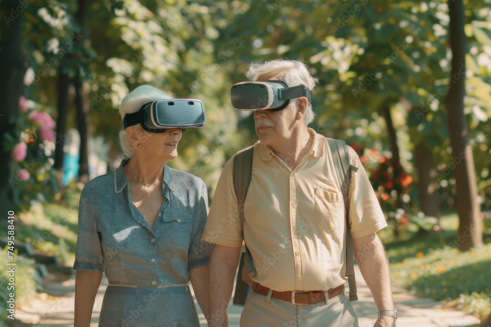 A cheerful elderly couple enjoys a virtual reality experience while walking in a vibrant summer park, smiling as they explore a digital world.
