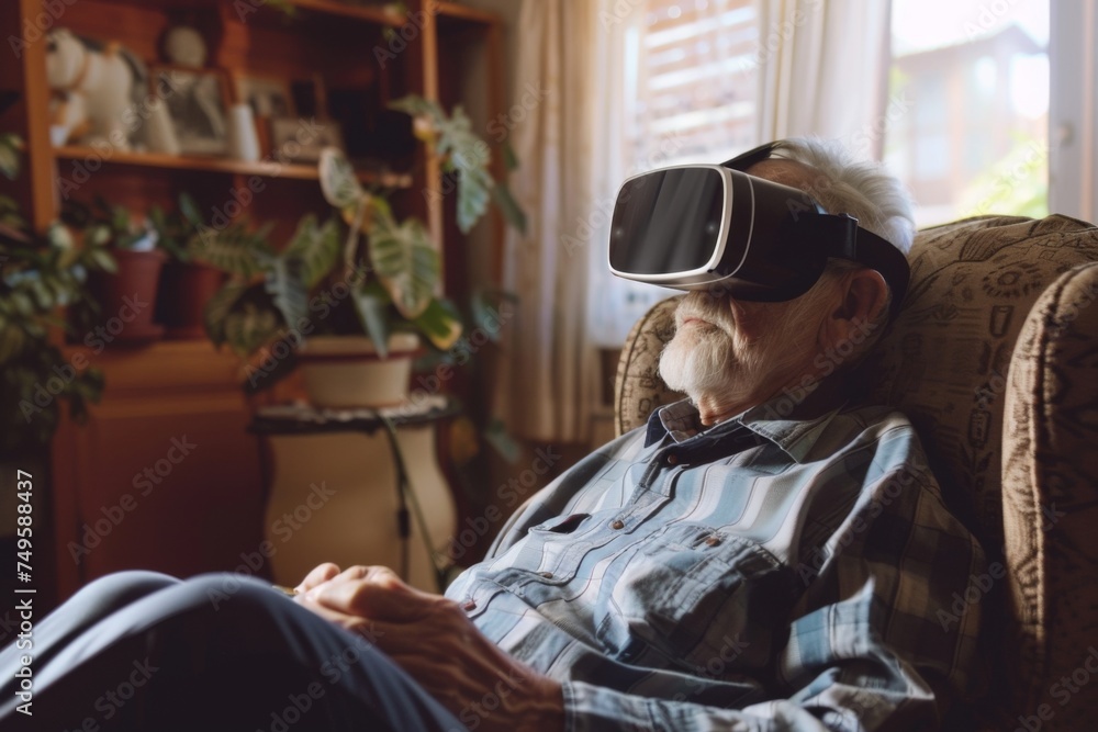 A serene senior man reclines in an armchair at home, lost in a virtual reality world, surrounded by the comfort of familiar indoor plants.