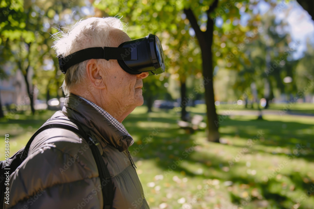 An elderly man explores a virtual landscape, donning a VR headset amidst the real trees and sunshine of a peaceful park setting. An elderly man explores a virtual landscape, donning a VR headset amidst the real trees and sunshine of a peaceful park setting.