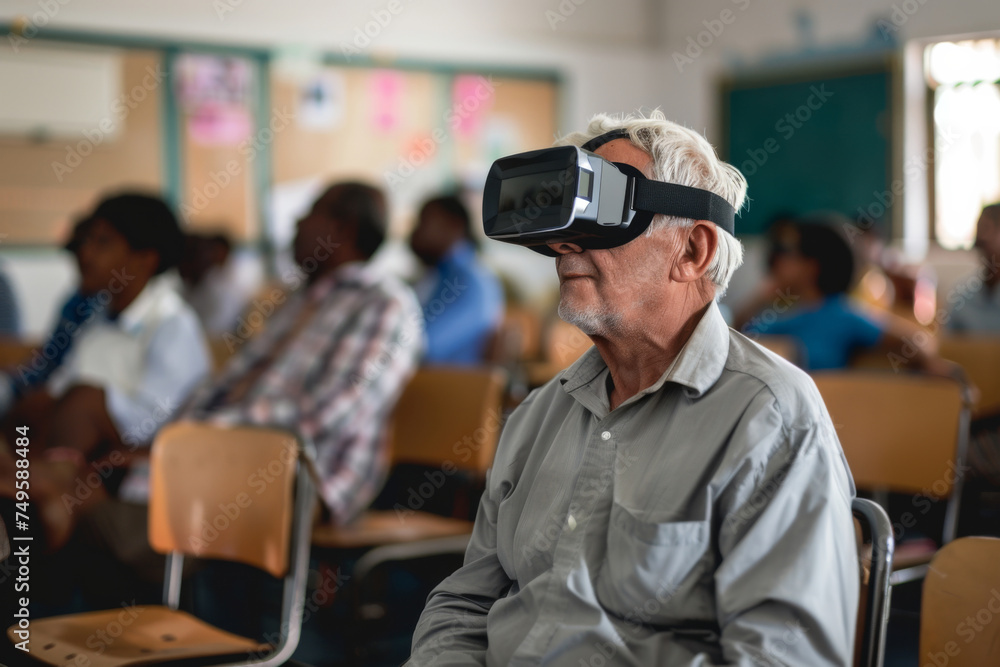 An elder man sits amidst a diverse classroom group, his face upturned and eyes covered by a virtual reality headset, immersed in a digital learning session. An elder man sits amidst a diverse classroom group, his face upturned and eyes covered by a virtual reality headset, immersed in a digital learning session.