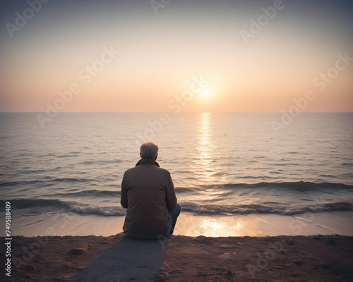 lonely man sitting next to the sea