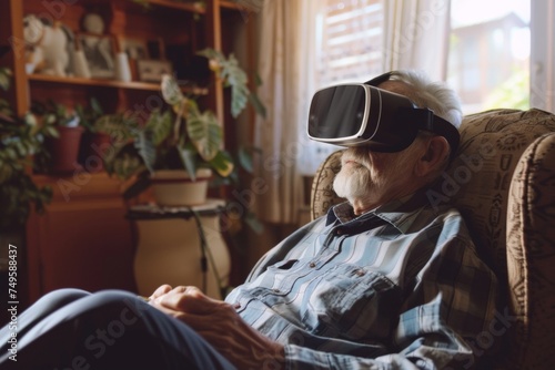 A serene senior man reclines in an armchair at home, lost in a virtual reality world, surrounded by the comfort of familiar indoor plants.