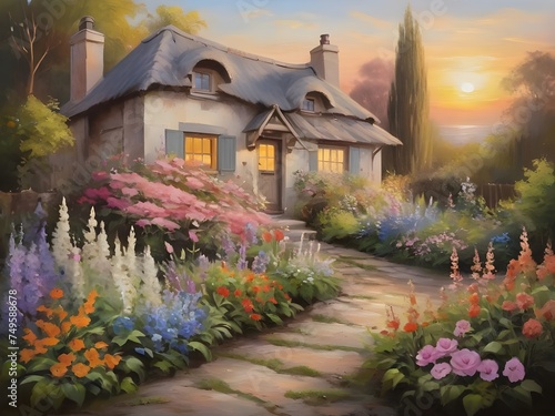 Lovely sunset view of cozy cottage garden scene with blooming flowers.
