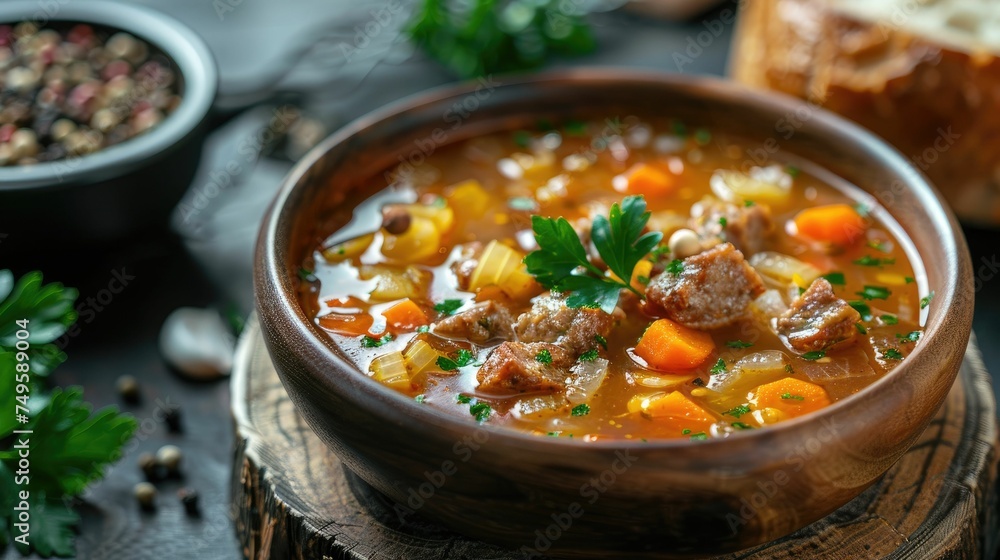 Hearty beef soup in a clay bowl with fresh herbs