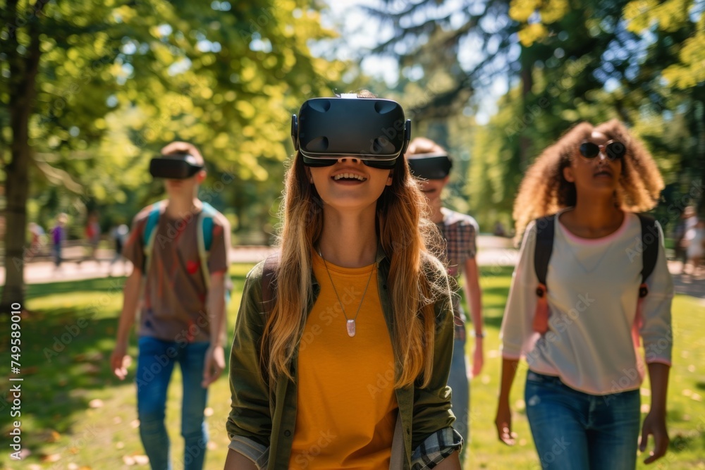 A lively group of young individuals with VR headsets walk through a park, highlighting the intersection of virtual exploration and outdoor activity. A lively group of young individuals with VR headsets walk through a park, highlighting the intersection of virtual exploration and outdoor activity.