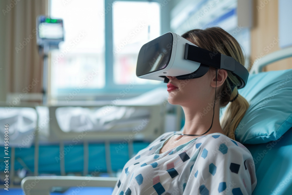 A patient in a hospital gown finds comfort in virtual reality, her serene expression suggesting a welcome escape from the clinical environment. A patient in a hospital gown finds comfort in virtual reality, her serene expression suggesting a welcome escape from the clinical environment.