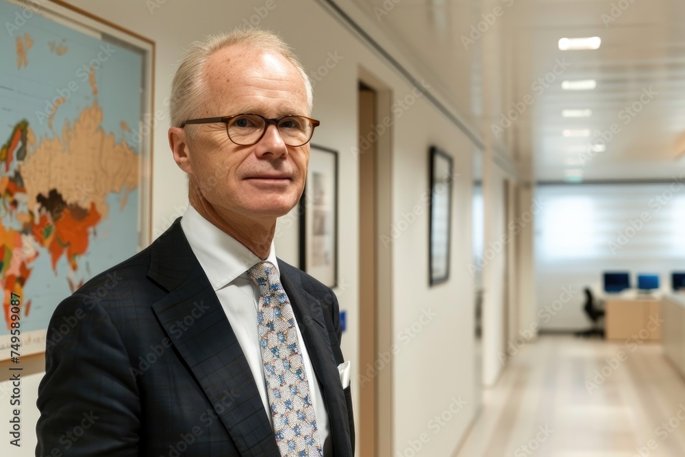 A mature businessman in glasses reads a book at a library desk, taking a break from work A mature businessman in glasses reads a book at a library desk, taking a break from work