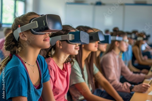 A row of focused students wearing virtual reality headsets during a class, engaging in a cutting-edge educational VR experience.