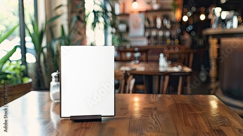 mock-up stick blank frame menu in a restaurant bar, featuring a booklet stand with a white sheet on a wooden table.