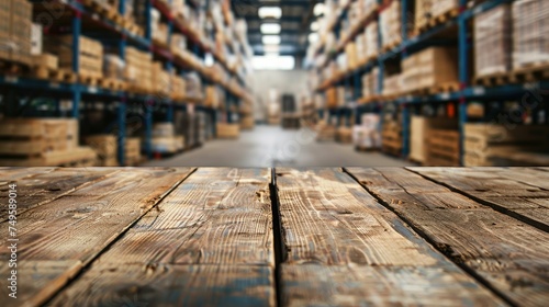 Wallpaper Mural Wooden surface with a blurred warehouse aisle in the background Torontodigital.ca