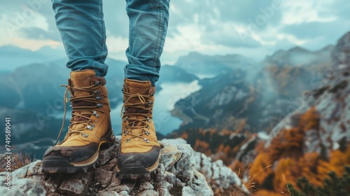 Close-up of hiker's boots on mountain peak overlooking a valley © Vodkaz