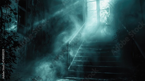 National Paranormal Day. A haunted house in a foggy haze.