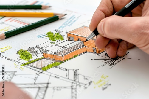 Image of an architect drawing on a piece of paper containing a sketch of a sustainable building with a green roof and spreadsheets.