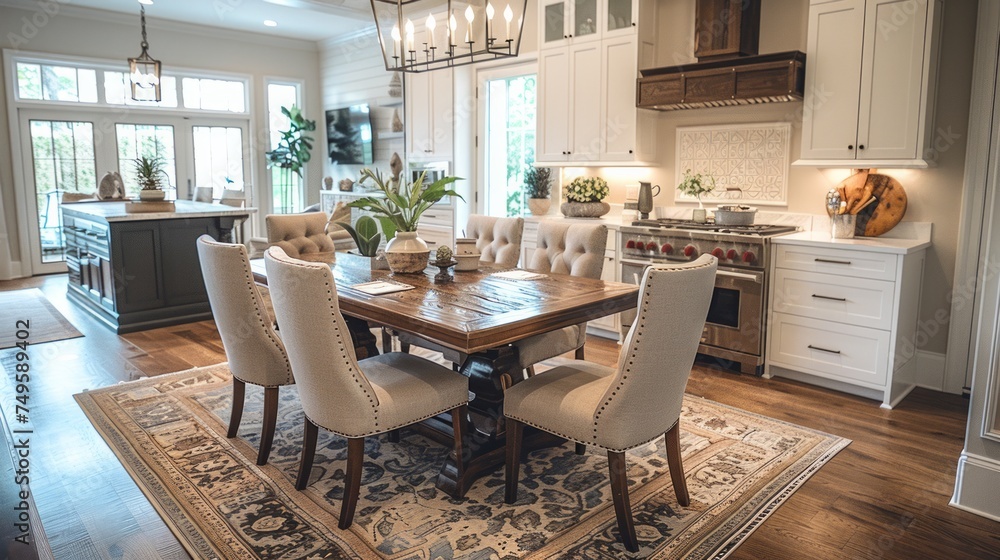 Dining Room Table With Chairs and Vase of Flowers