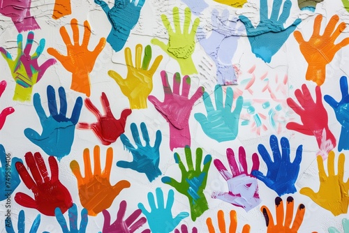 Colorful Array of Children's Handprints on White Canvas - Wide-Angle View of Vibrant Hand Paint Splashes