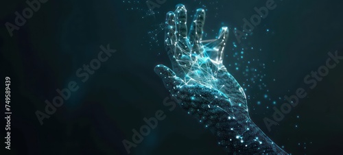 Hand of glowing blue particles, artificial arm, technology concept photo
