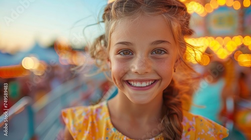 Smiling Little Girl in Front of Carnival Ride
