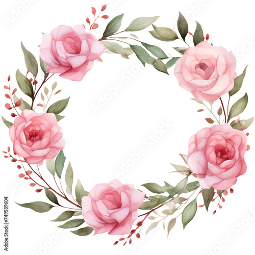 Watercolor wreath of Rose flowers. Pink floral arrangement isolated botanical illustration. Blossom roses design.