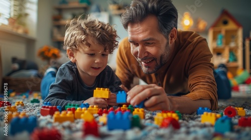 Father and Son Playing With Legos on the Floor